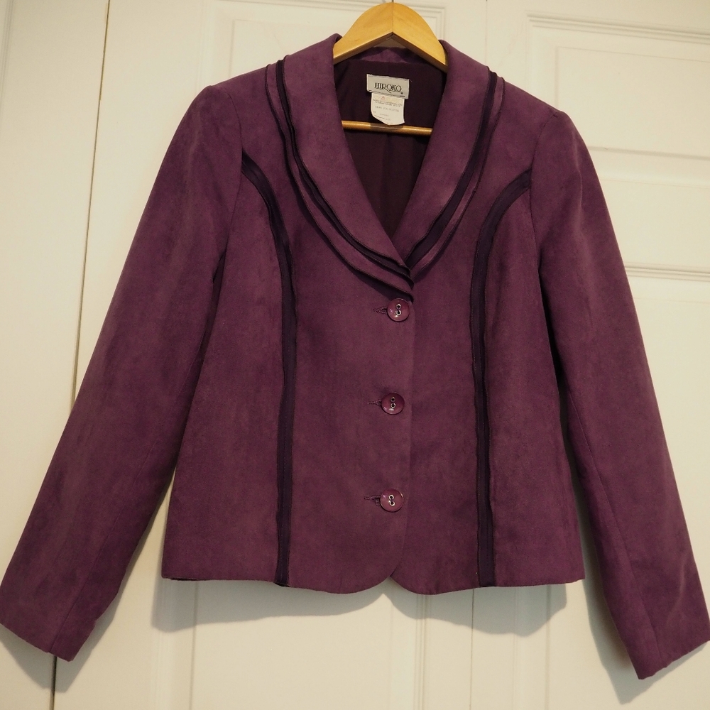 Vintage Purple Blazer with Layered Collar - Faux Suede - Size 12 - Hiroko - 80s